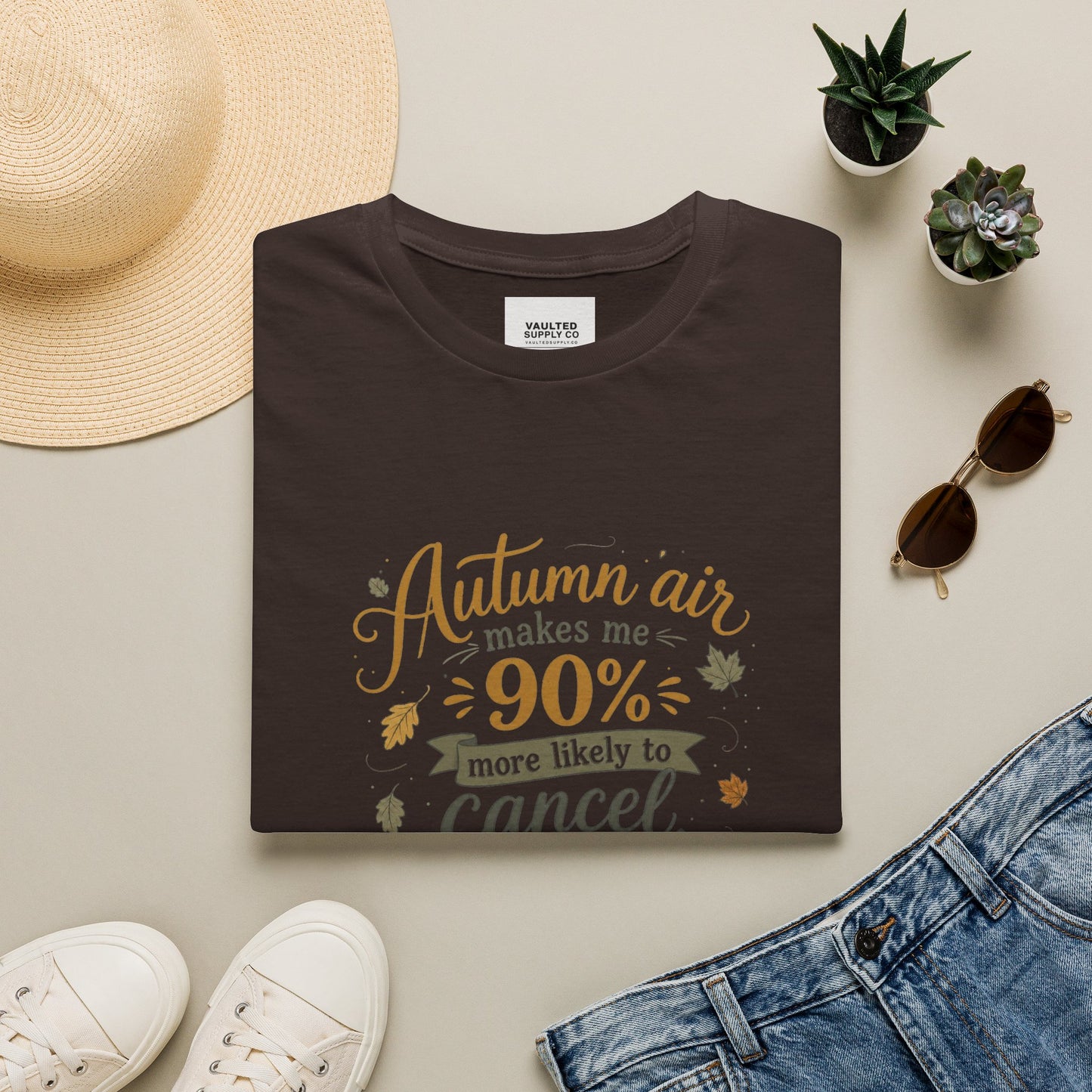 T-Shirt — "Autumn air makes me 90% more likely to cancel" Cozy Fall Graphic Tee