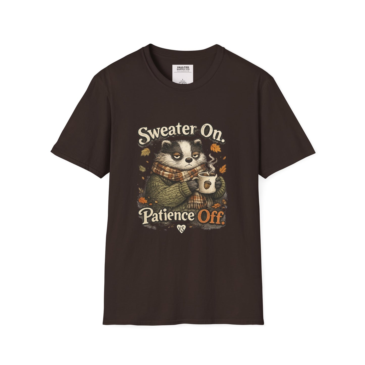 Sweater On Patience Off T‑Shirt — Cozy Autumn Raccoon Graphic Tee