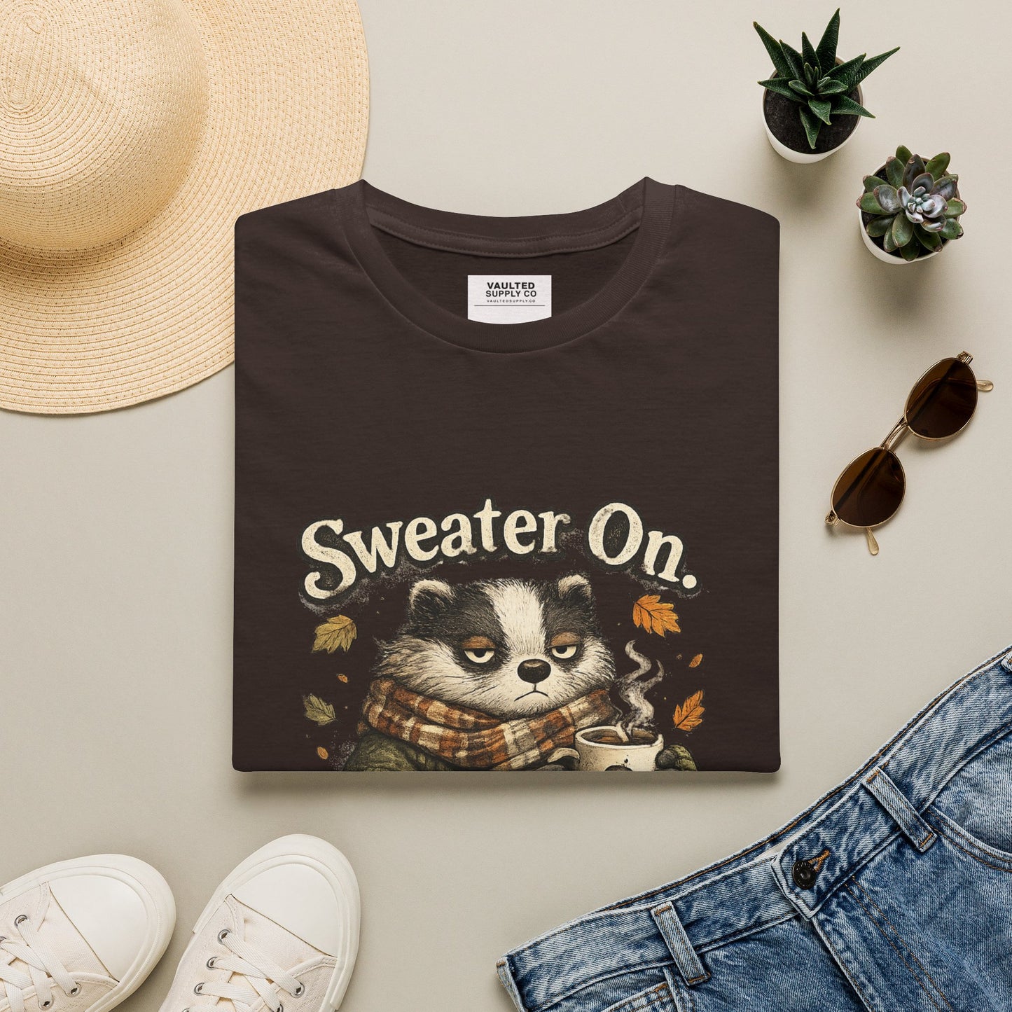 Sweater On Patience Off T‑Shirt — Cozy Autumn Raccoon Graphic Tee
