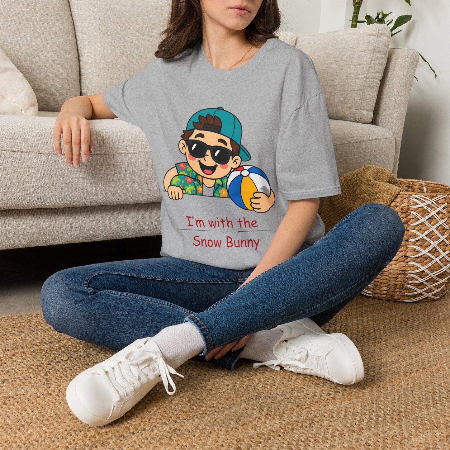 “I’m with the Snow Bunny” T-Shirt — Cartoon with Sunglasses & Beach Ball