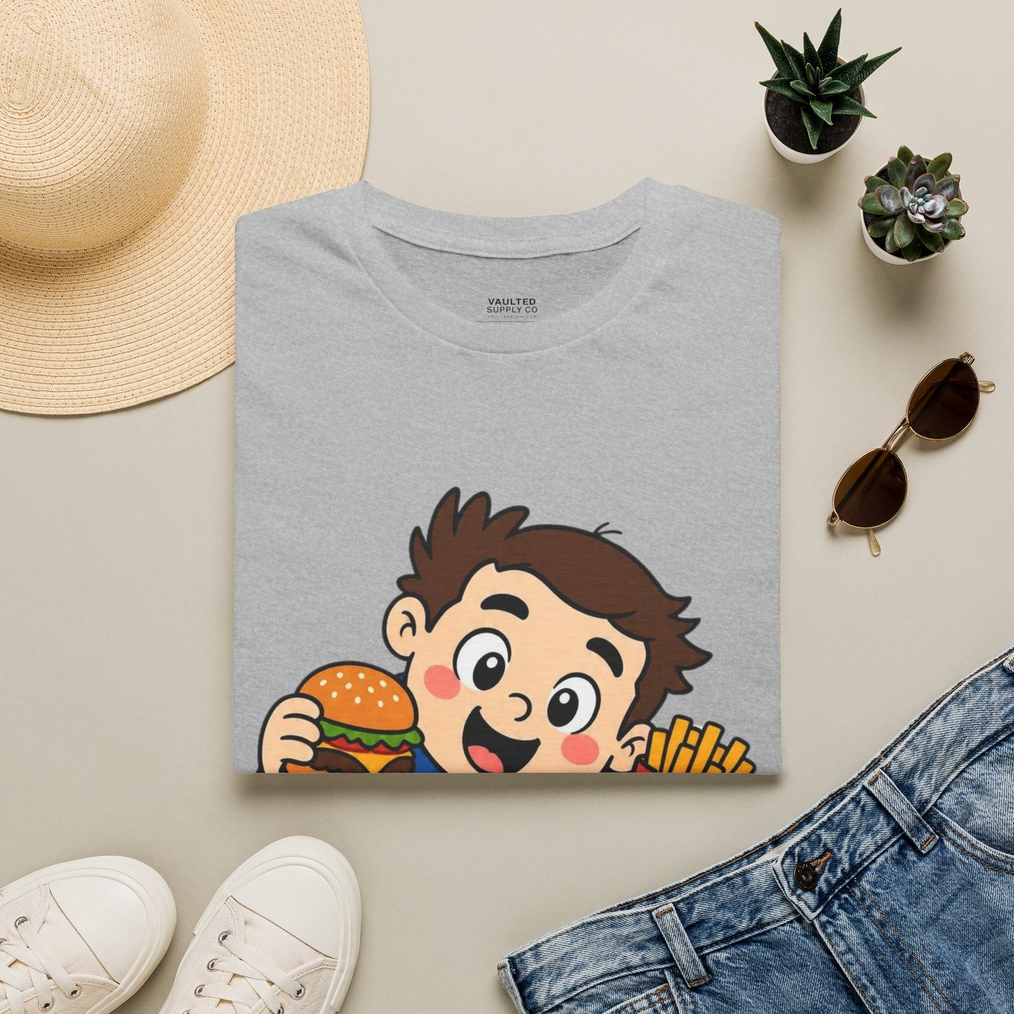 "I'm with the Sweet Tooth" Cute Kid Eating Burger & Fries Graphic Tee