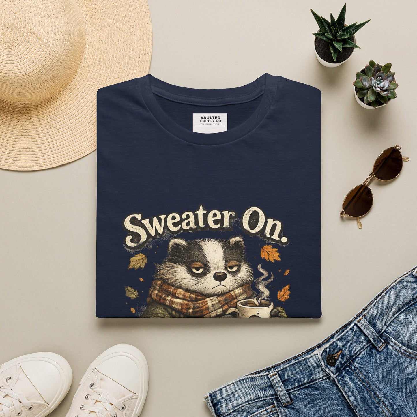 Sweater On Patience Off T‑Shirt — Cozy Autumn Raccoon Graphic Tee