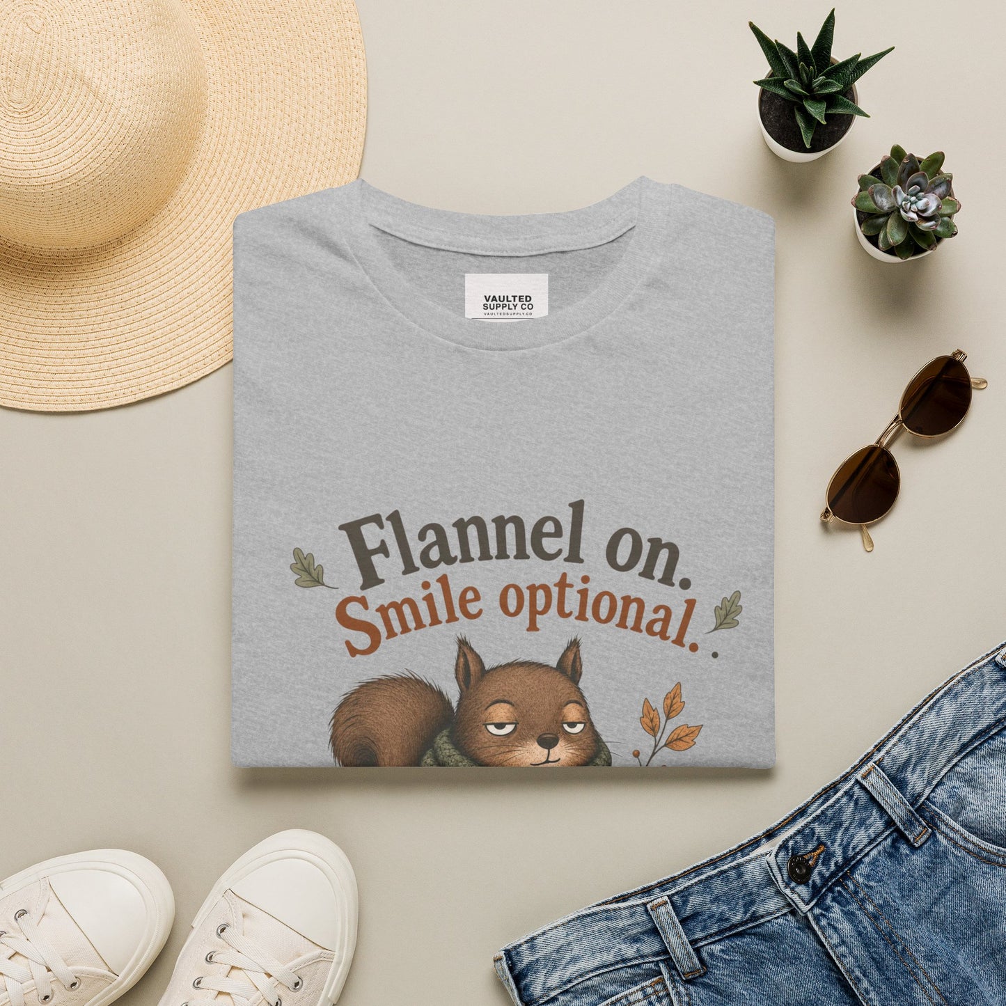 Fall Squirrel Tee — "Flannel on. Smile optional." Cozy Autumn Graphic T‑Shirt