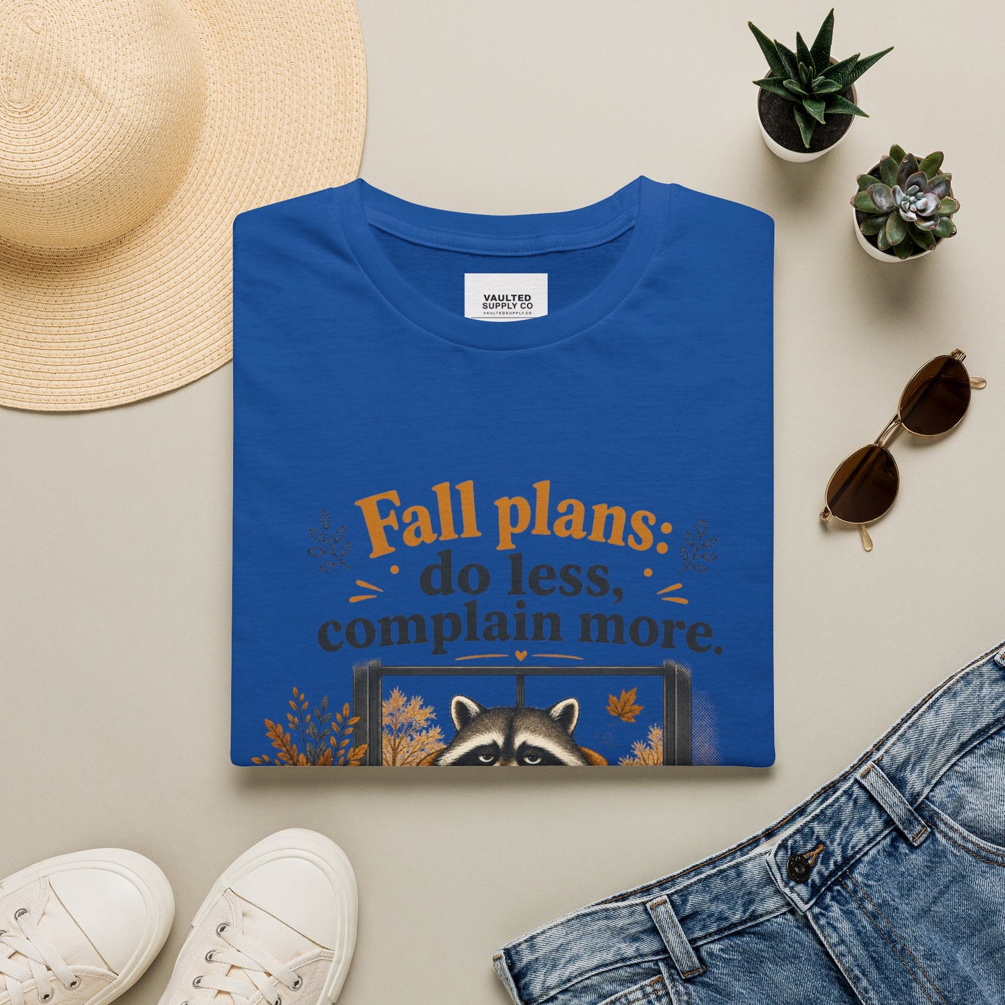Fall Plans Raccoon Tee — "Fall plans: do less, complain more."