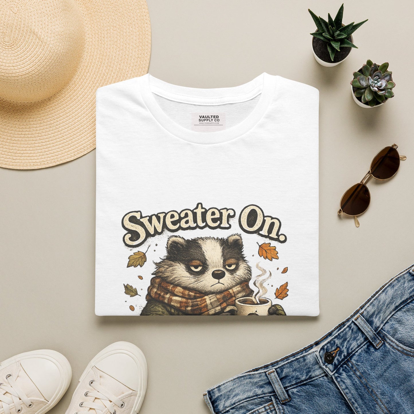 Sweater On Patience Off T‑Shirt — Cozy Autumn Raccoon Graphic Tee
