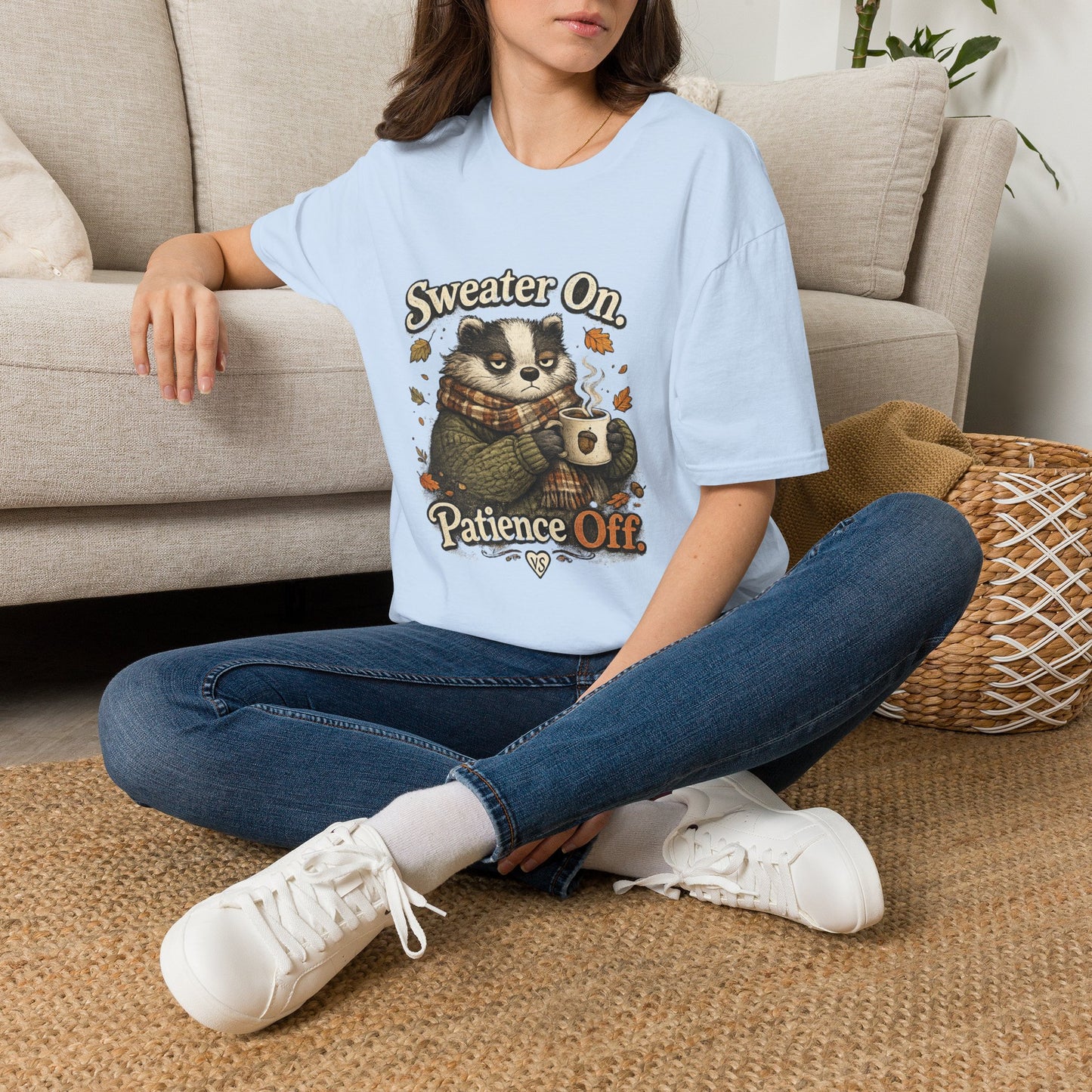 Sweater On Patience Off T‑Shirt — Cozy Autumn Raccoon Graphic Tee