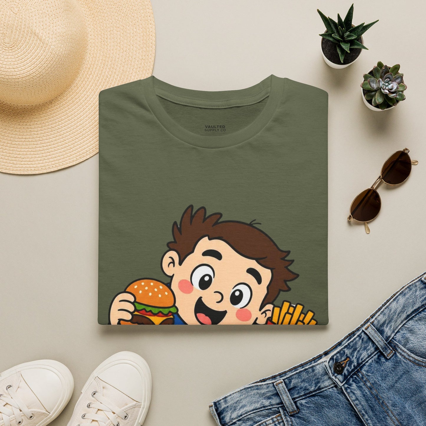 "I'm with the Sweet Tooth" Cute Kid Eating Burger & Fries Graphic Tee