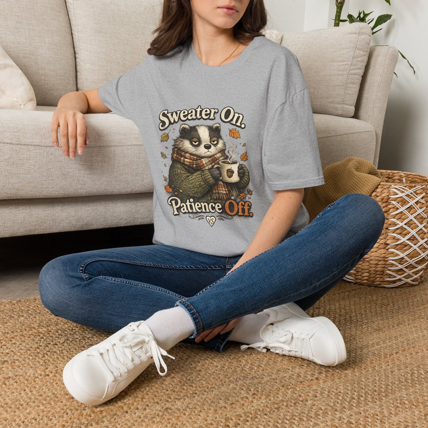 Sweater On Patience Off T‑Shirt — Cozy Autumn Raccoon Graphic Tee