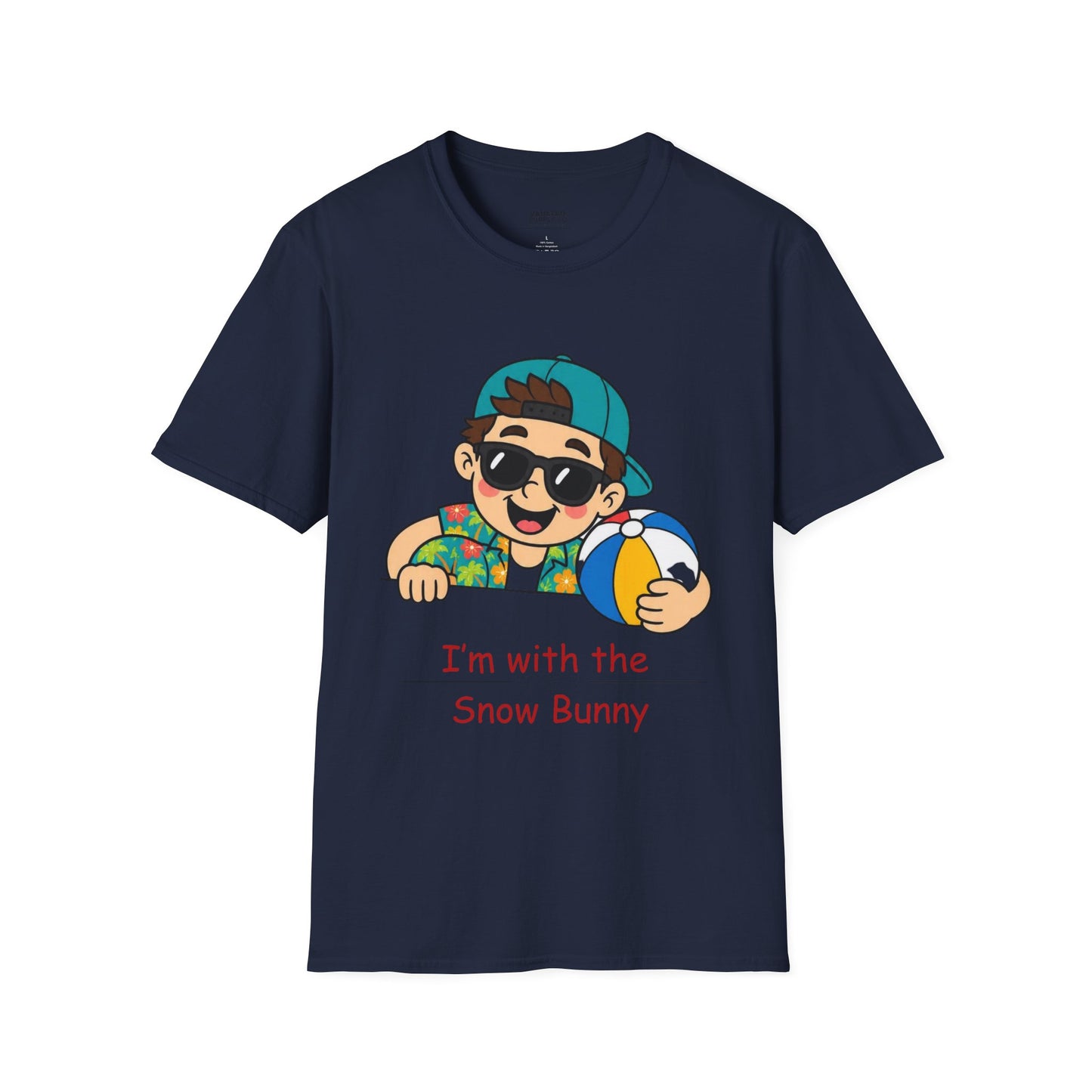 “I’m with the Snow Bunny” T-Shirt — Cartoon with Sunglasses & Beach Ball