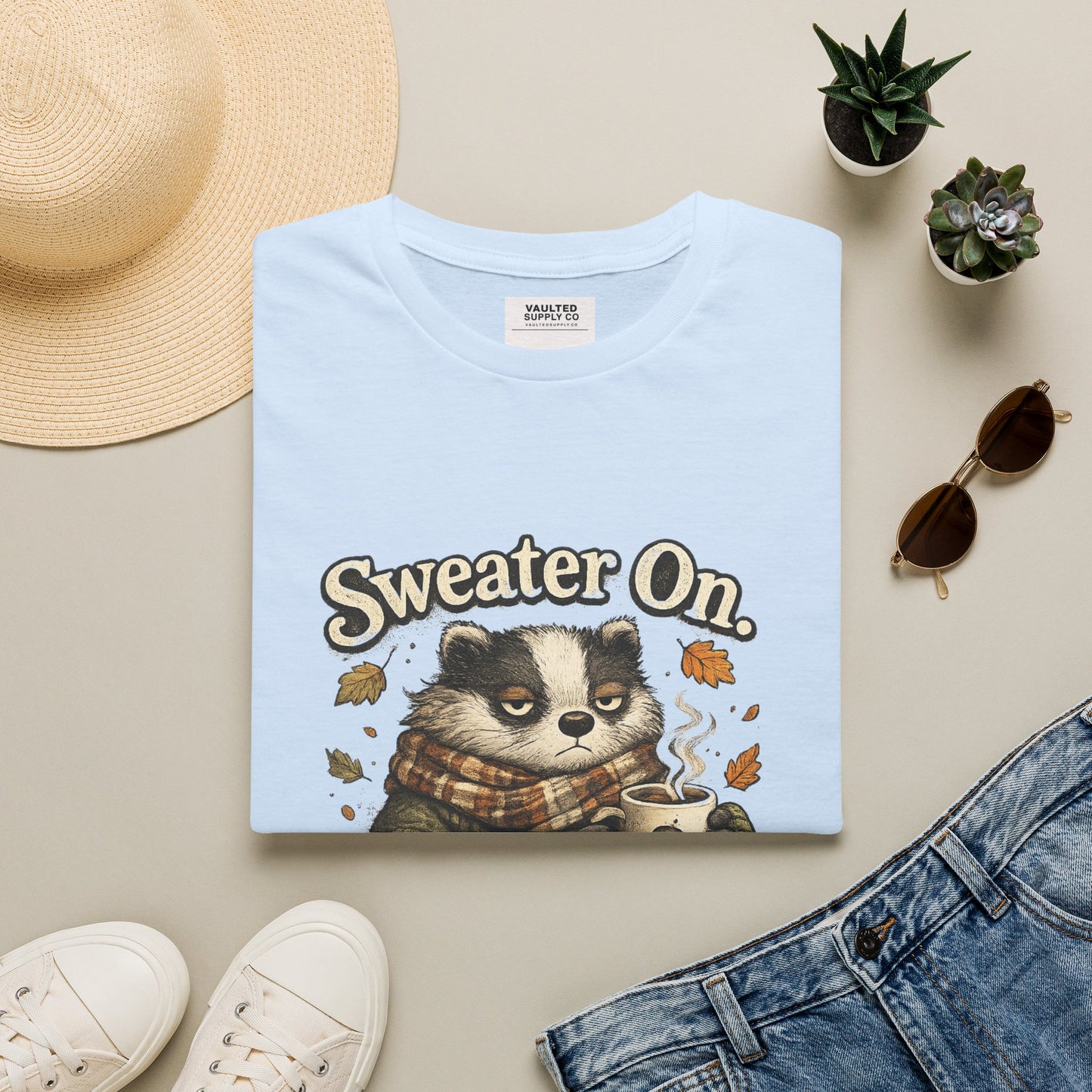 Sweater On Patience Off T‑Shirt — Cozy Autumn Raccoon Graphic Tee