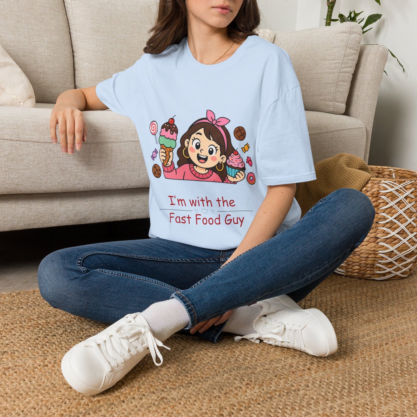 "I'm with the Fast Food Guy" Cute Cartoon Girl & Sweets Graphic