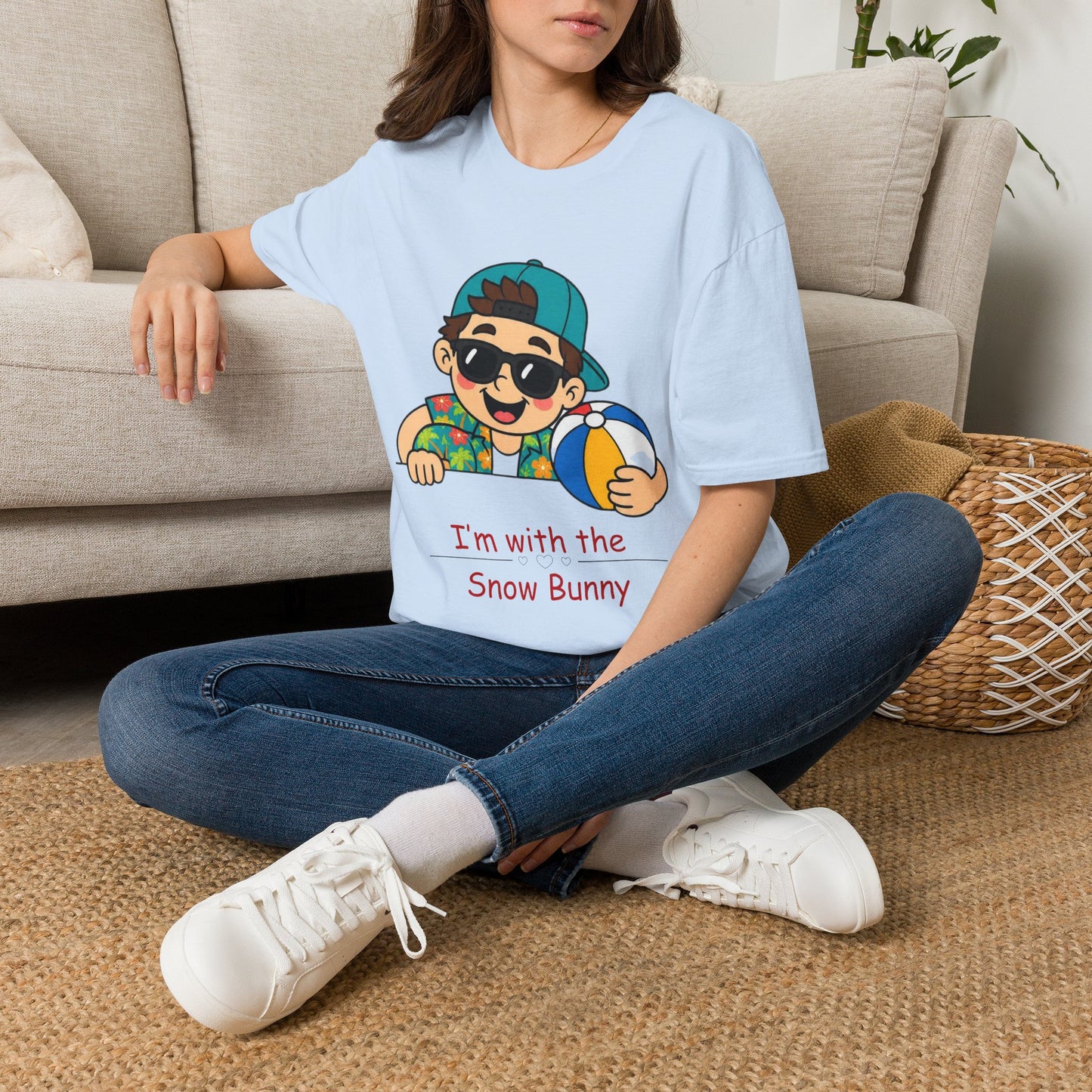 “I’m with the Snow Bunny” T-Shirt — Cartoon with Sunglasses & Beach Ball
