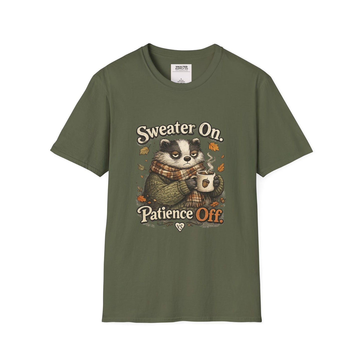 Sweater On Patience Off T‑Shirt — Cozy Autumn Raccoon Graphic Tee