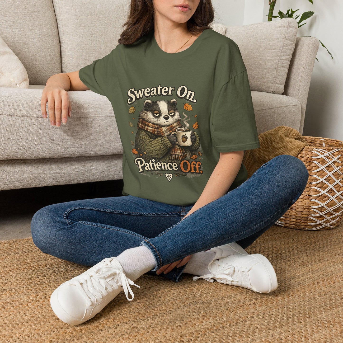 Sweater On Patience Off T‑Shirt — Cozy Autumn Raccoon Graphic Tee