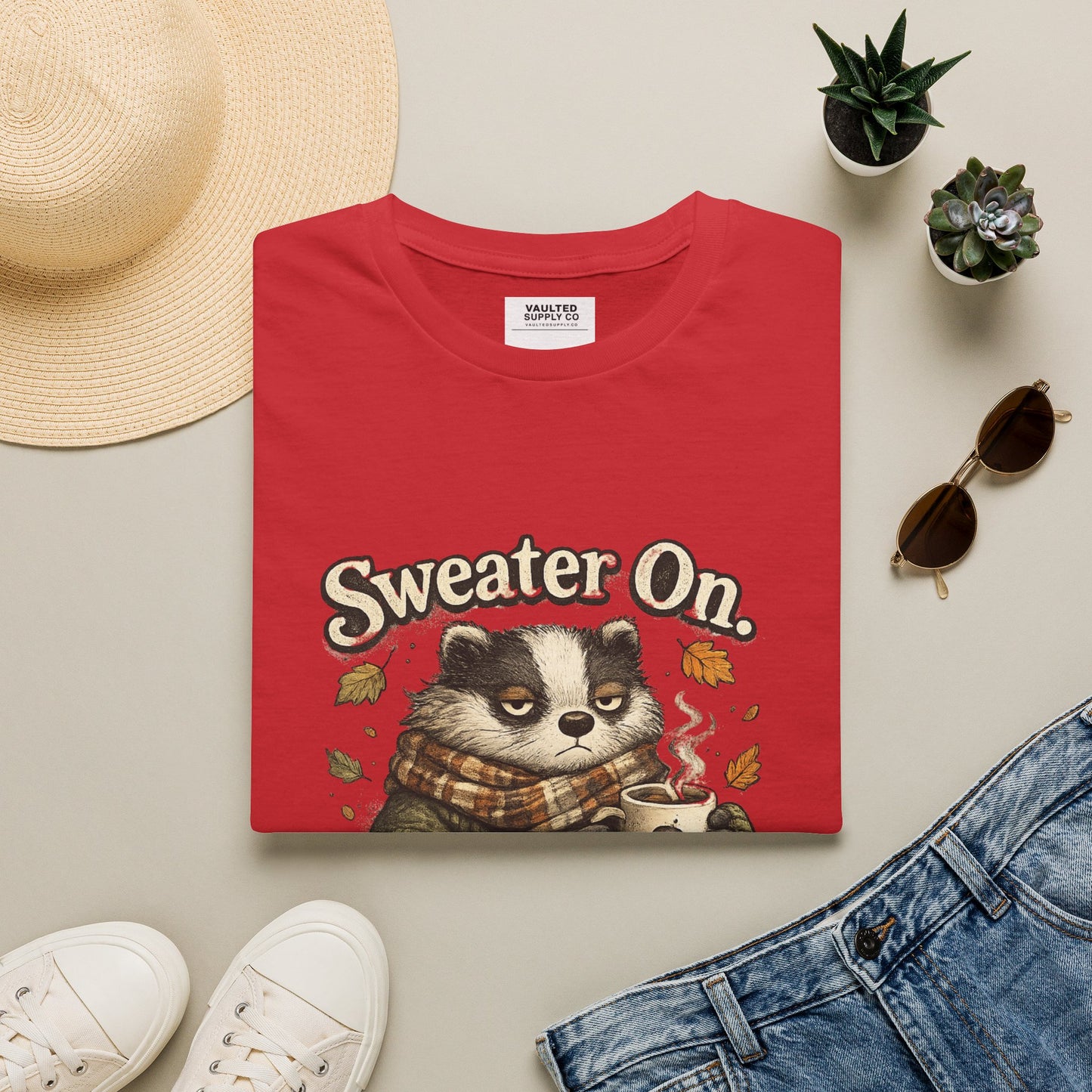 Sweater On Patience Off T‑Shirt — Cozy Autumn Raccoon Graphic Tee