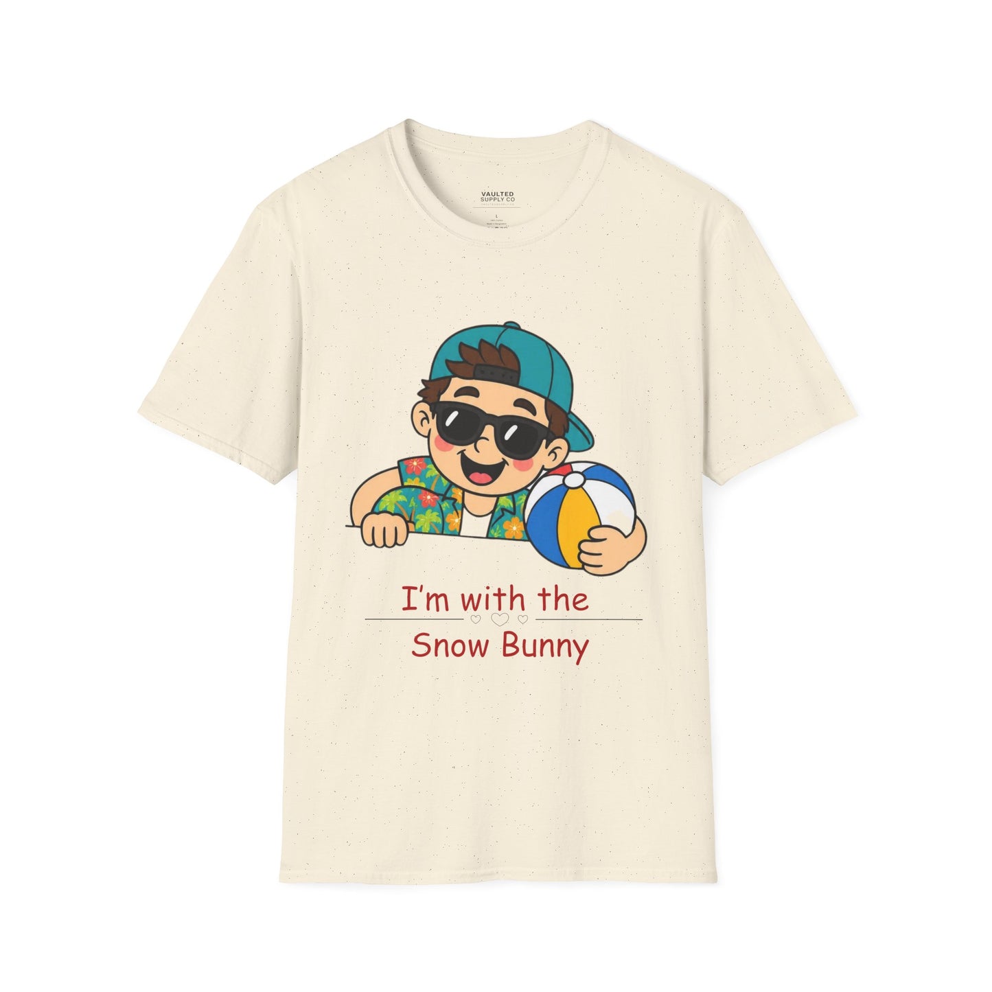 “I’m with the Snow Bunny” T-Shirt — Cartoon with Sunglasses & Beach Ball
