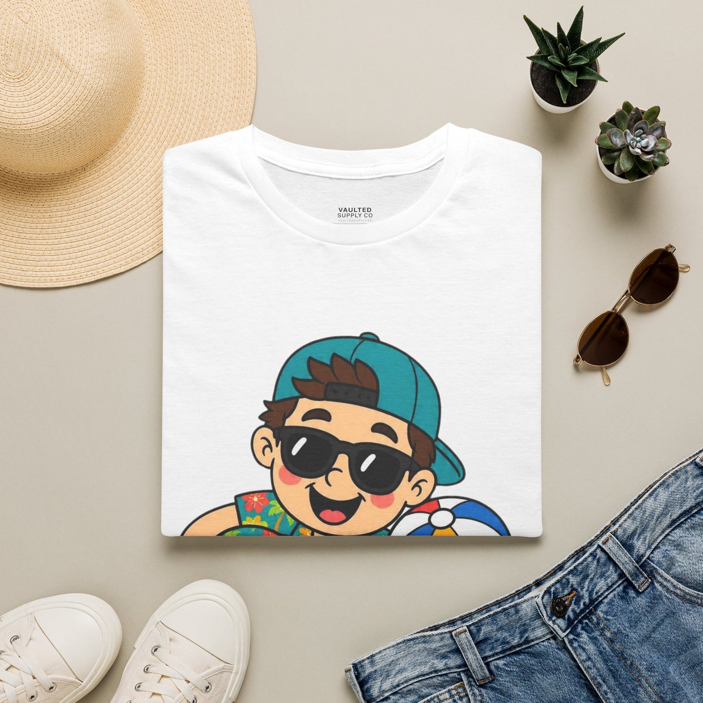 “I’m with the Snow Bunny” T-Shirt — Cartoon with Sunglasses & Beach Ball