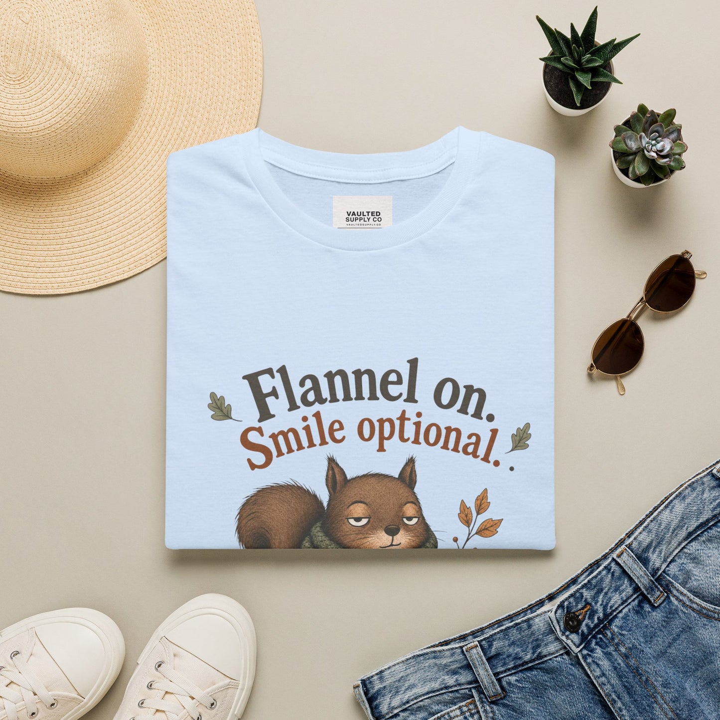 Fall Squirrel Tee — "Flannel on. Smile optional." Cozy Autumn Graphic T‑Shirt
