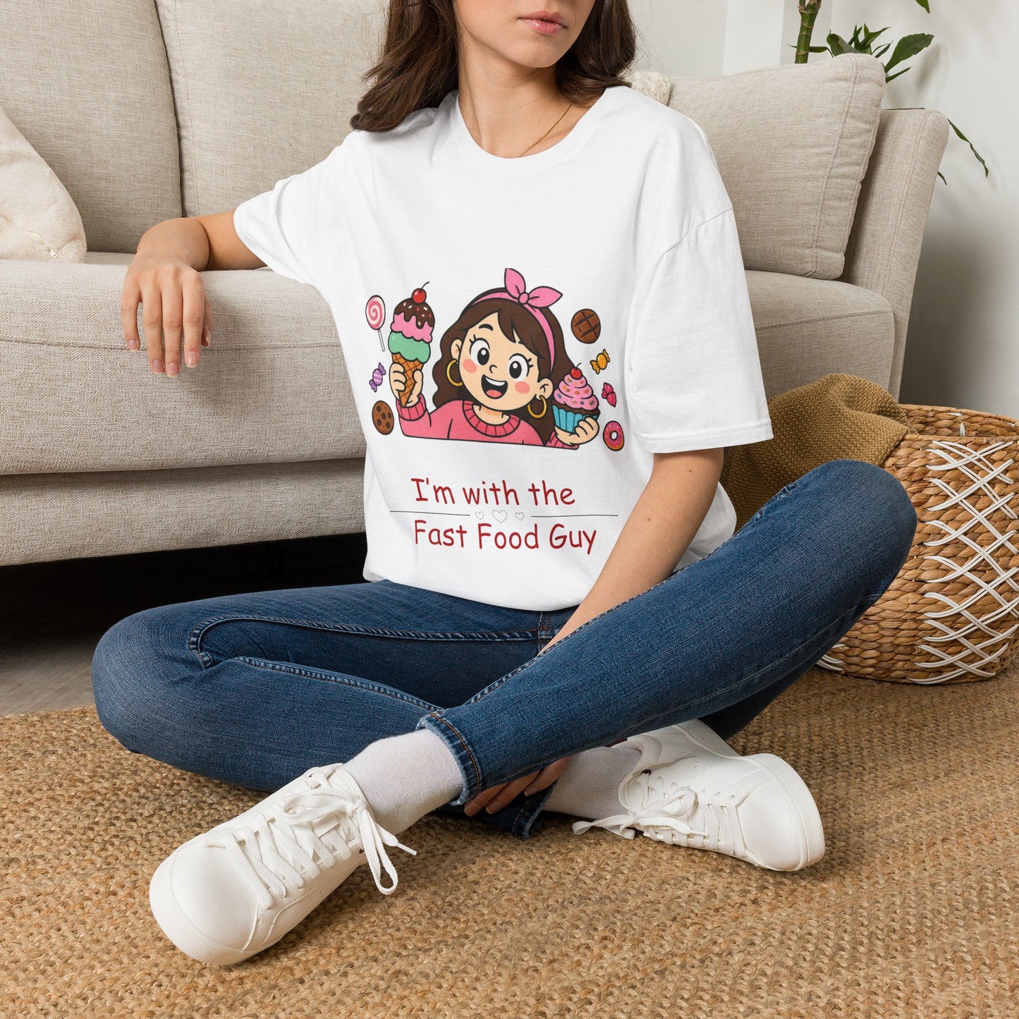 "I'm with the Fast Food Guy" Cute Cartoon Girl & Sweets Graphic