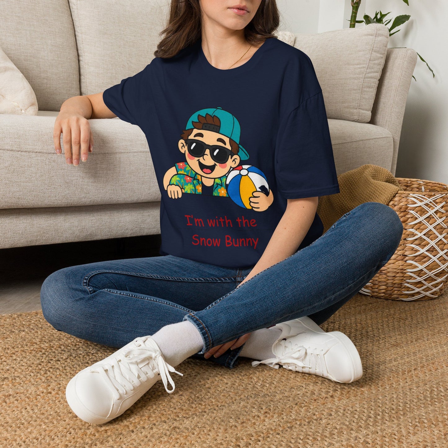 “I’m with the Snow Bunny” T-Shirt — Cartoon with Sunglasses & Beach Ball