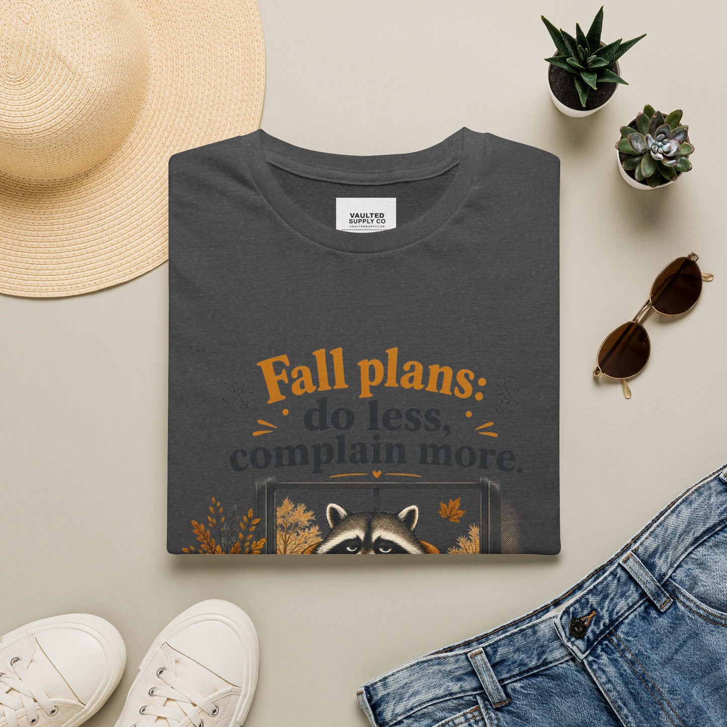Fall Plans Raccoon Tee — "Fall plans: do less, complain more."