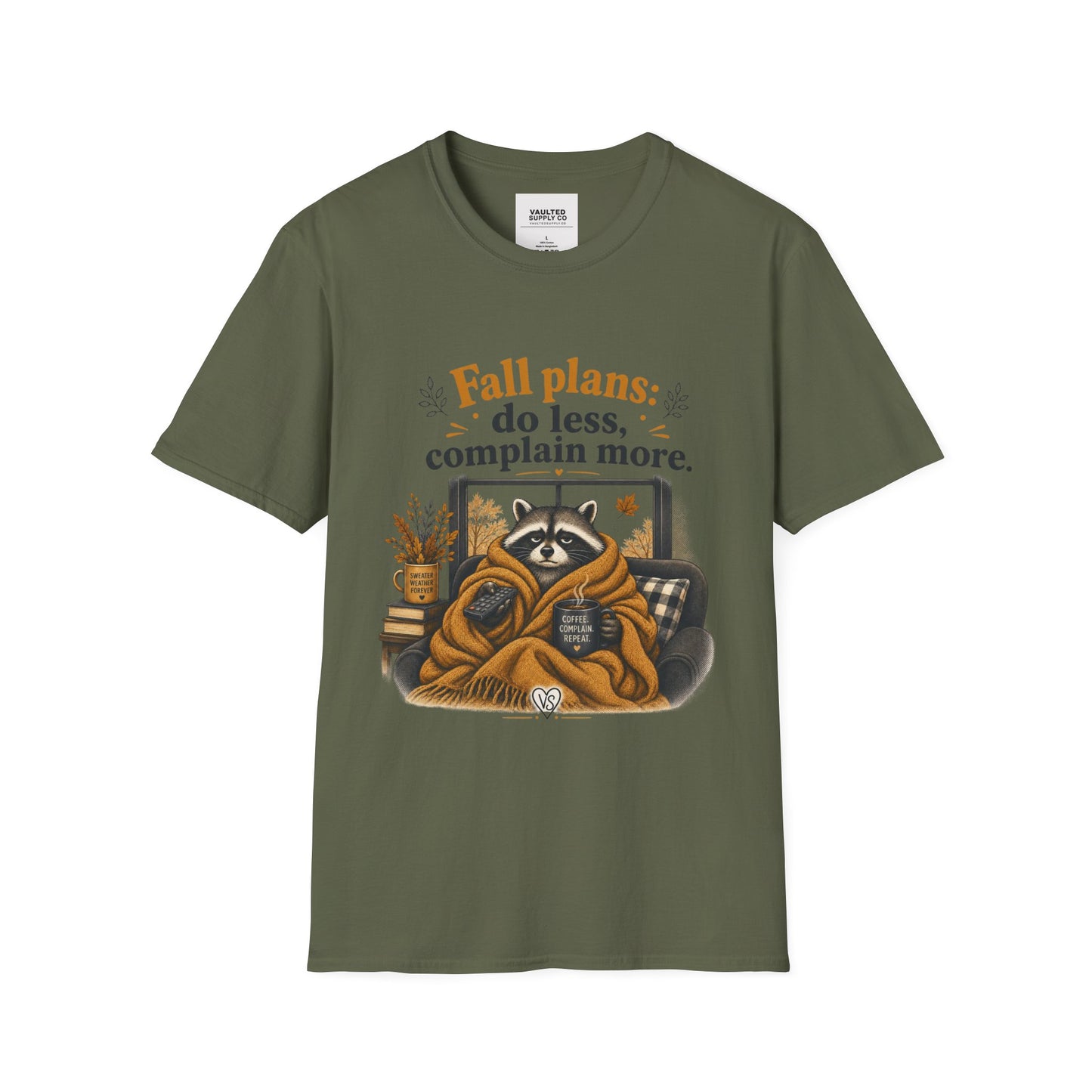 Fall Plans Raccoon Tee — "Fall plans: do less, complain more."