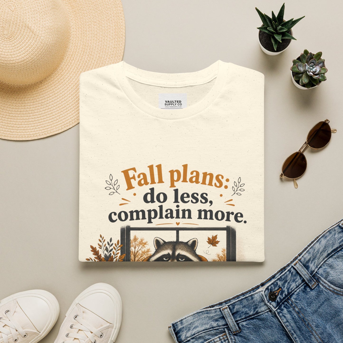 Fall Plans Raccoon Tee — "Fall plans: do less, complain more."