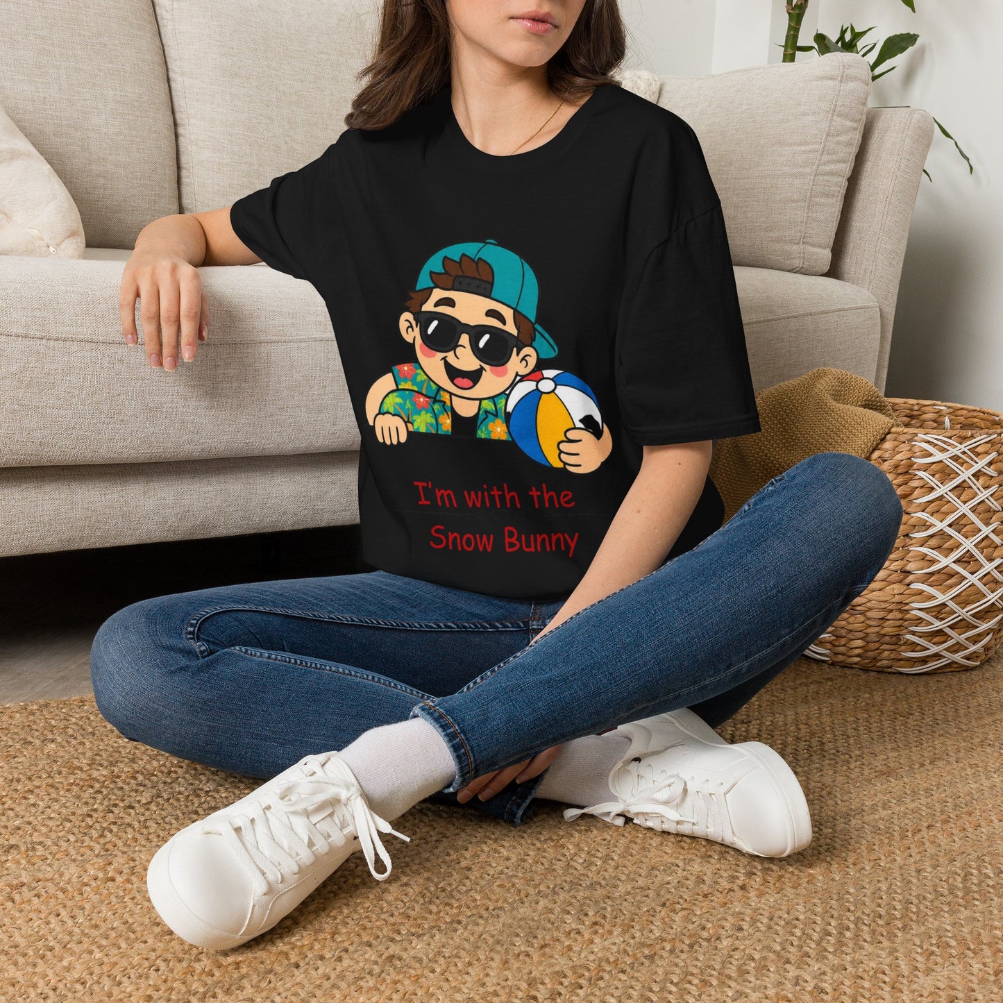 “I’m with the Snow Bunny” T-Shirt — Cartoon with Sunglasses & Beach Ball