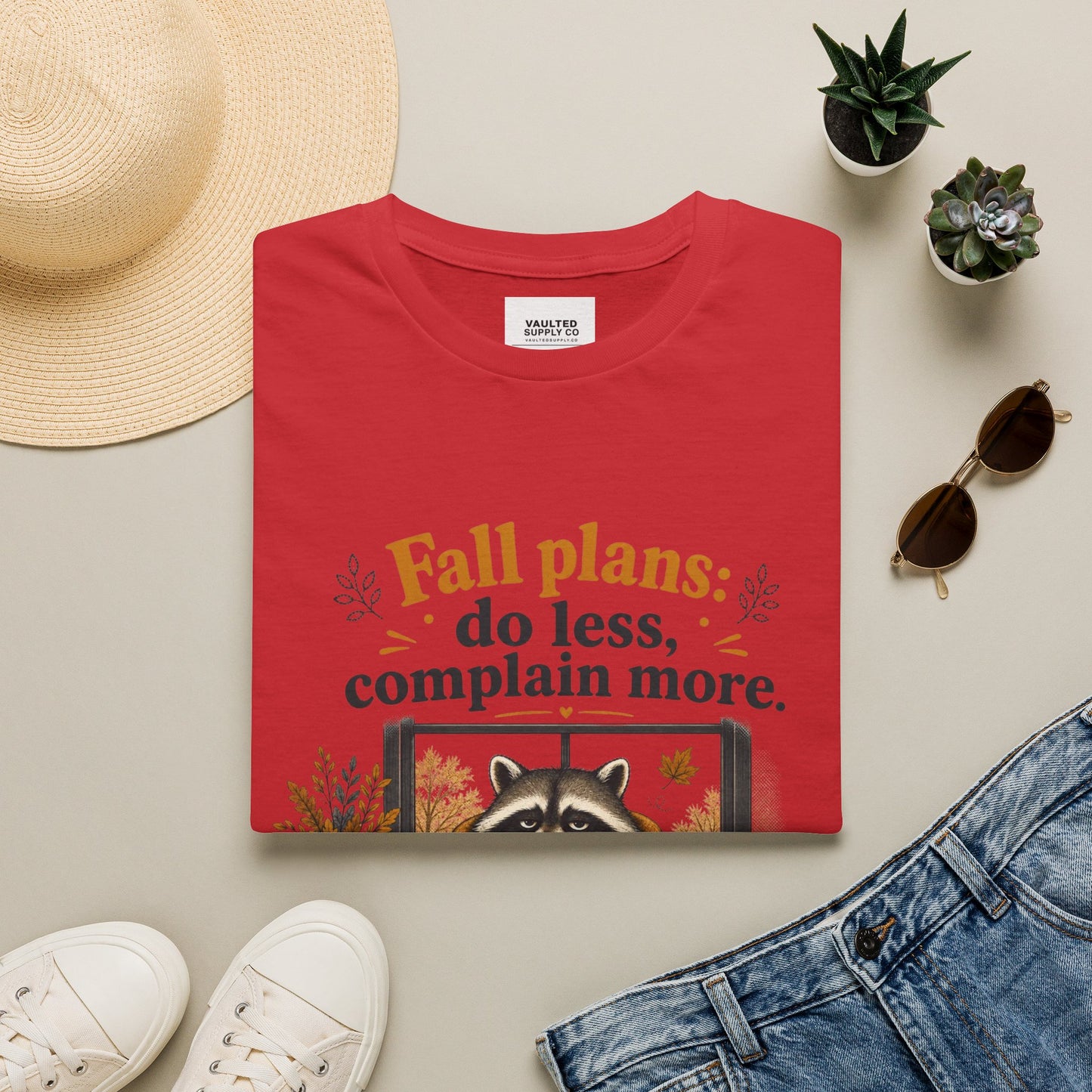 Fall Plans Raccoon Tee — "Fall plans: do less, complain more."