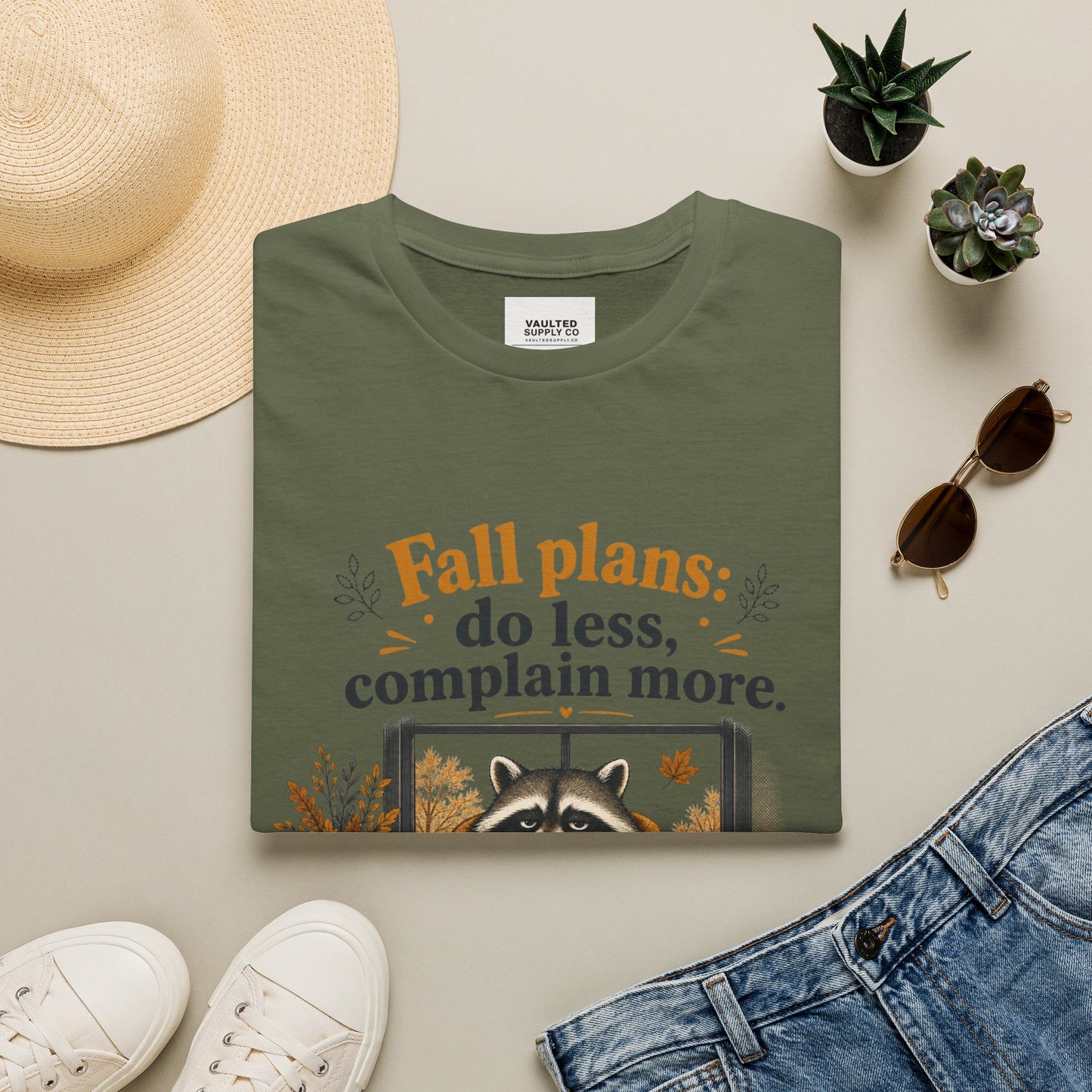 Fall Plans Raccoon Tee — "Fall plans: do less, complain more."
