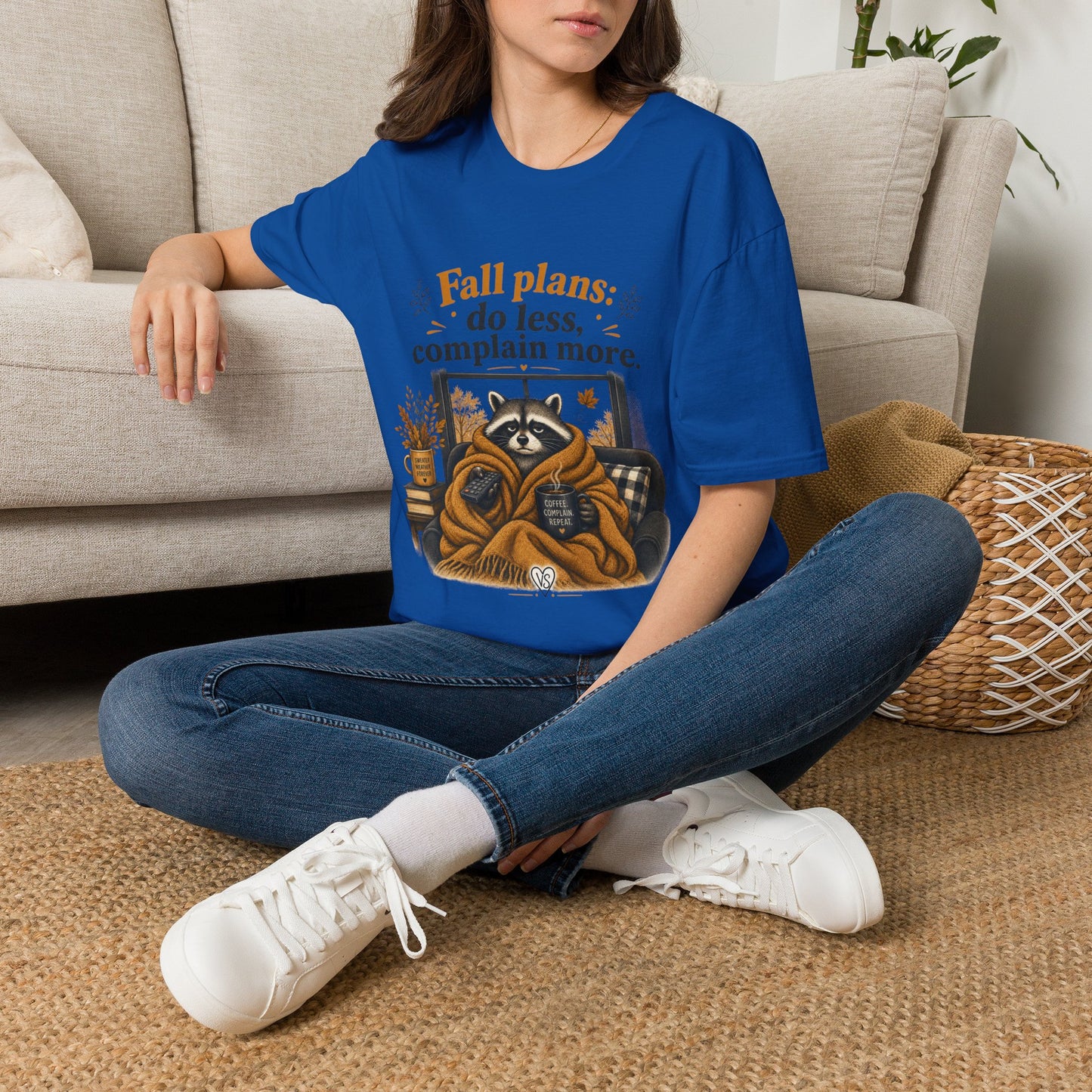 Fall Plans Raccoon Tee — "Fall plans: do less, complain more."