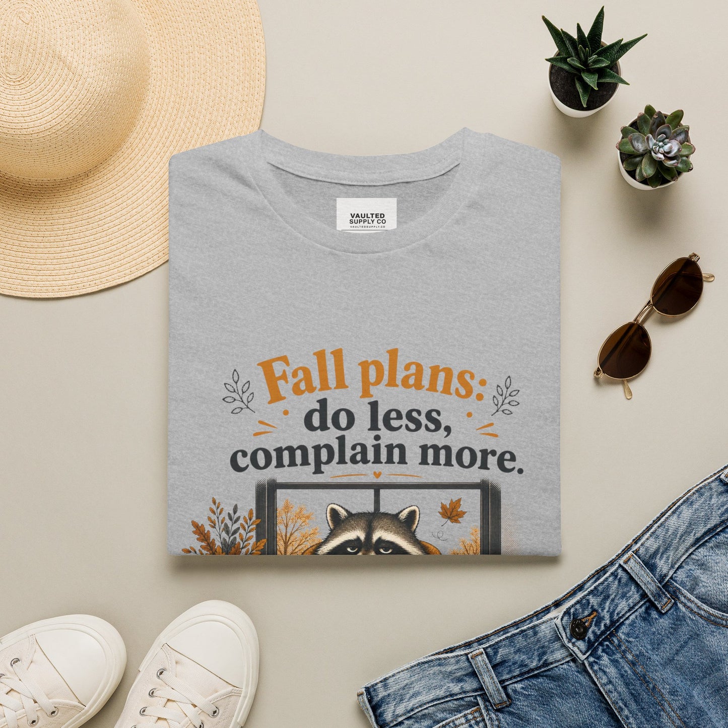 Fall Plans Raccoon Tee — "Fall plans: do less, complain more."