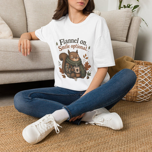 Fall Squirrel Tee — "Flannel on. Smile optional." Cozy Autumn Graphic T‑Shirt