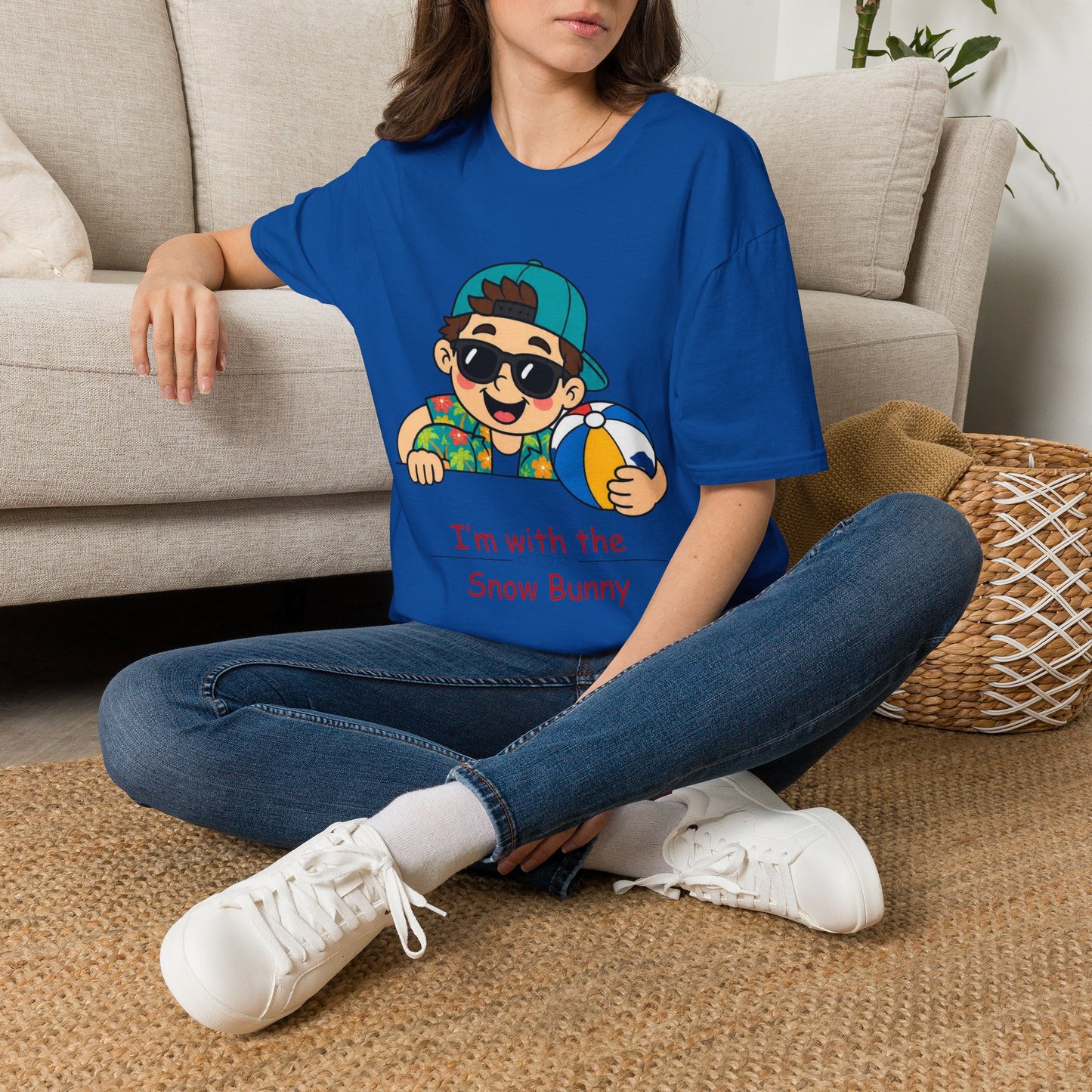 “I’m with the Snow Bunny” T-Shirt — Cartoon with Sunglasses & Beach Ball