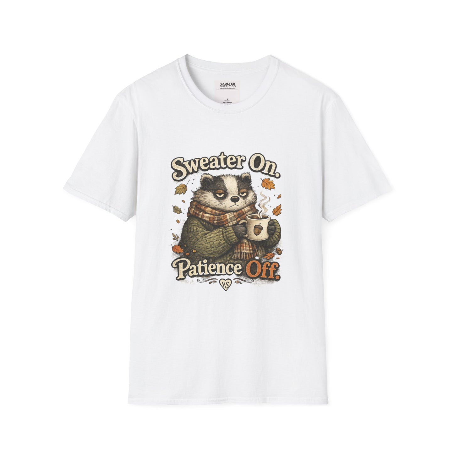 Sweater On Patience Off T‑Shirt — Cozy Autumn Raccoon Graphic Tee