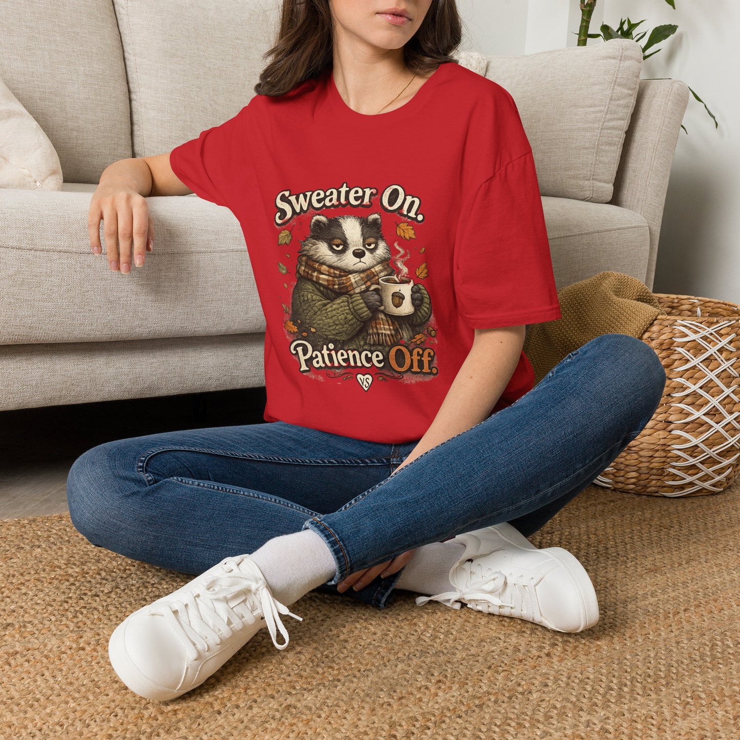 Sweater On Patience Off T‑Shirt — Cozy Autumn Raccoon Graphic Tee