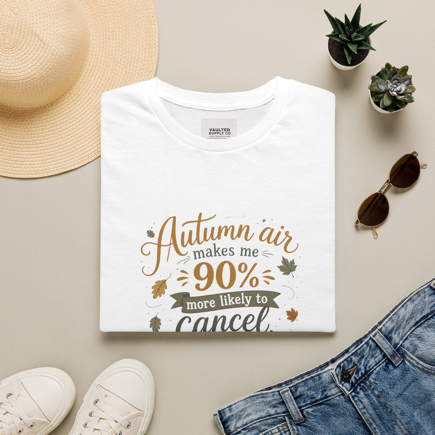T-Shirt — "Autumn air makes me 90% more likely to cancel" Cozy Fall Graphic Tee