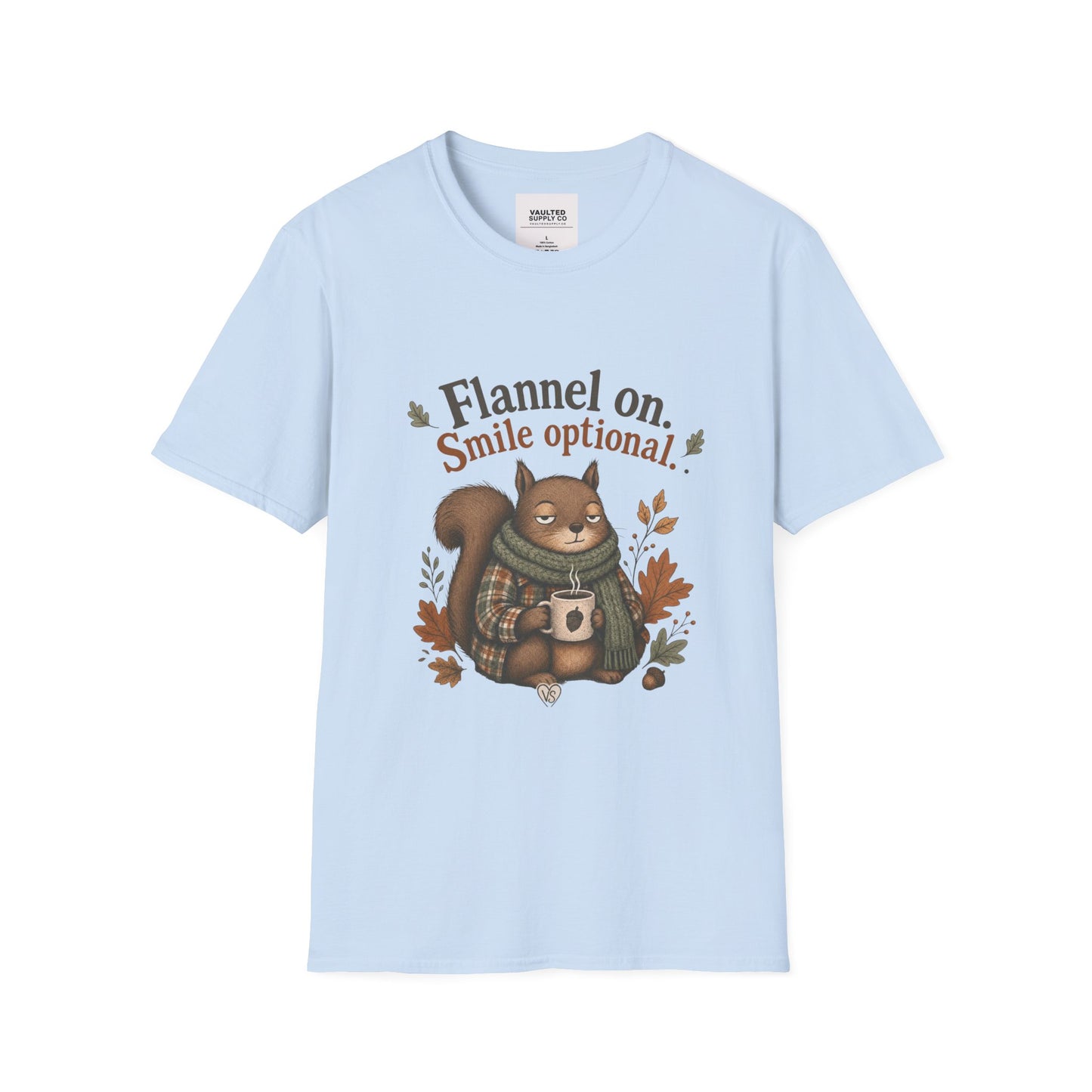 Fall Squirrel Tee — "Flannel on. Smile optional." Cozy Autumn Graphic T‑Shirt