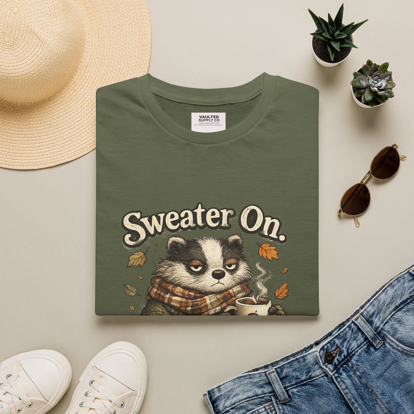 Sweater On Patience Off T‑Shirt — Cozy Autumn Raccoon Graphic Tee