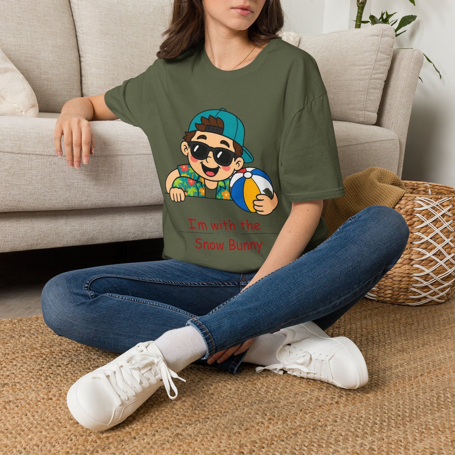 “I’m with the Snow Bunny” T-Shirt — Cartoon with Sunglasses & Beach Ball