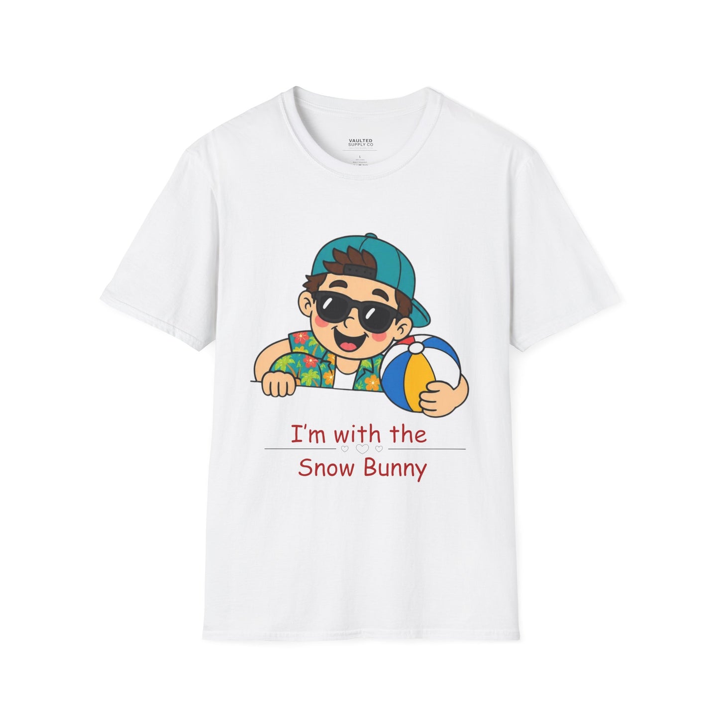 “I’m with the Snow Bunny” T-Shirt — Cartoon with Sunglasses & Beach Ball