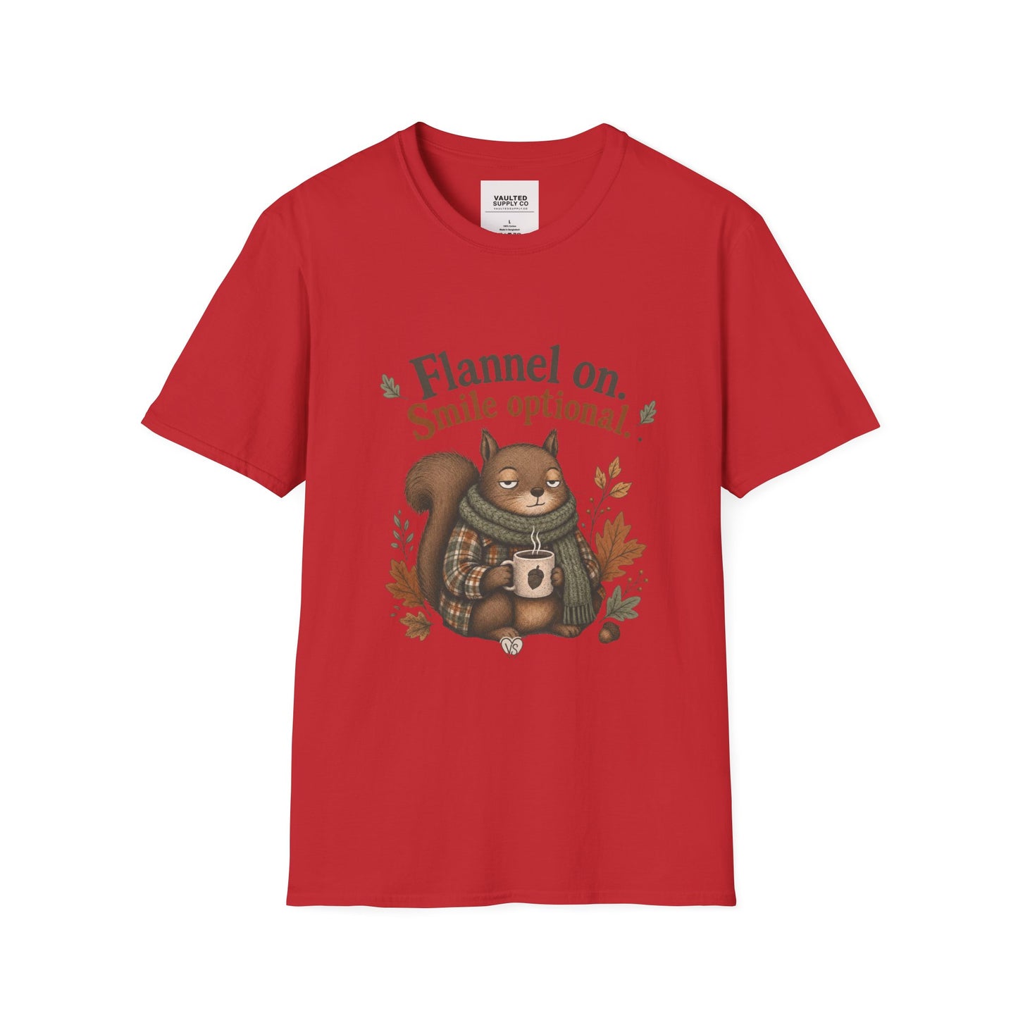 Fall Squirrel Tee — "Flannel on. Smile optional." Cozy Autumn Graphic T‑Shirt