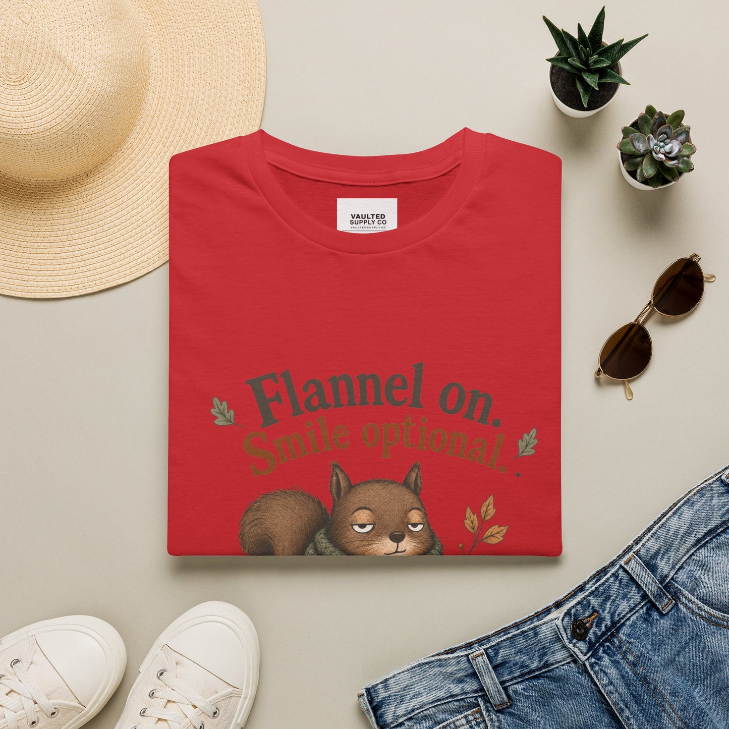 Fall Squirrel Tee — "Flannel on. Smile optional." Cozy Autumn Graphic T‑Shirt