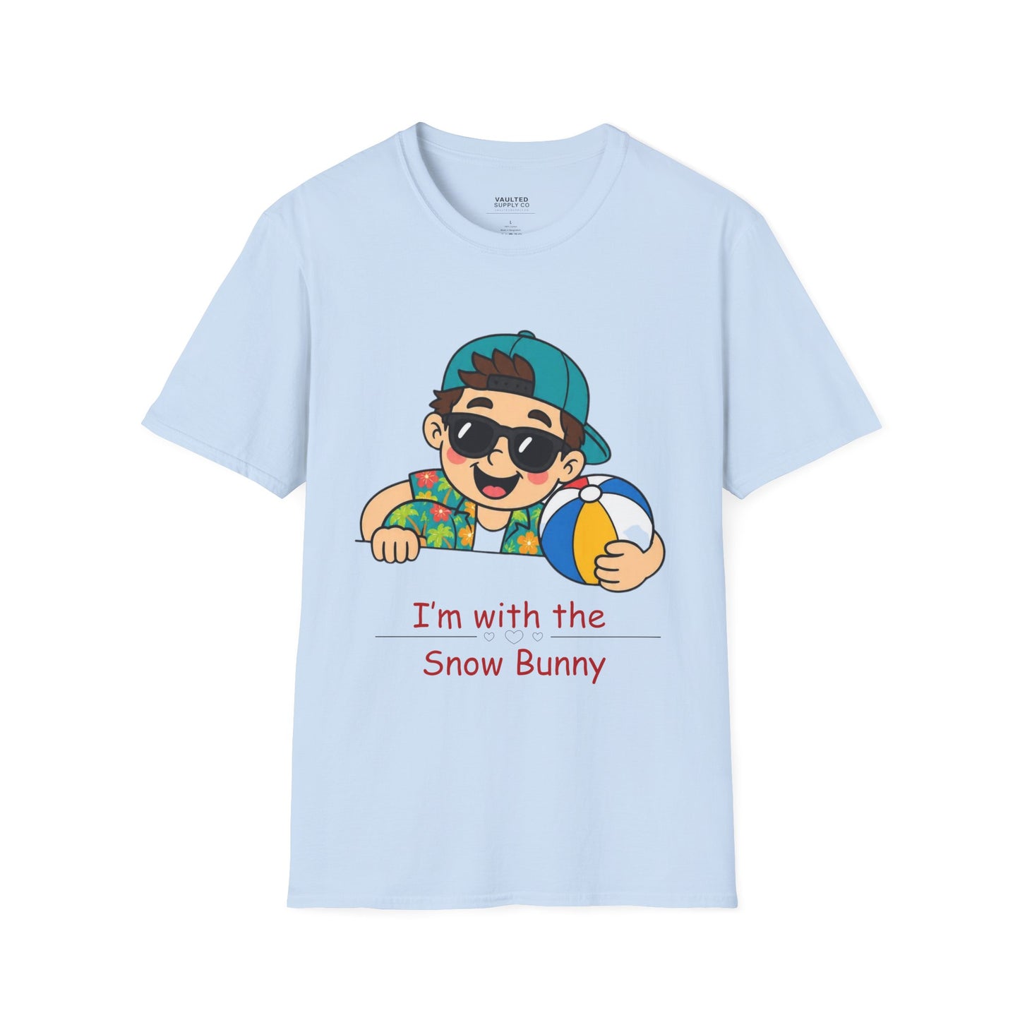 “I’m with the Snow Bunny” T-Shirt — Cartoon with Sunglasses & Beach Ball