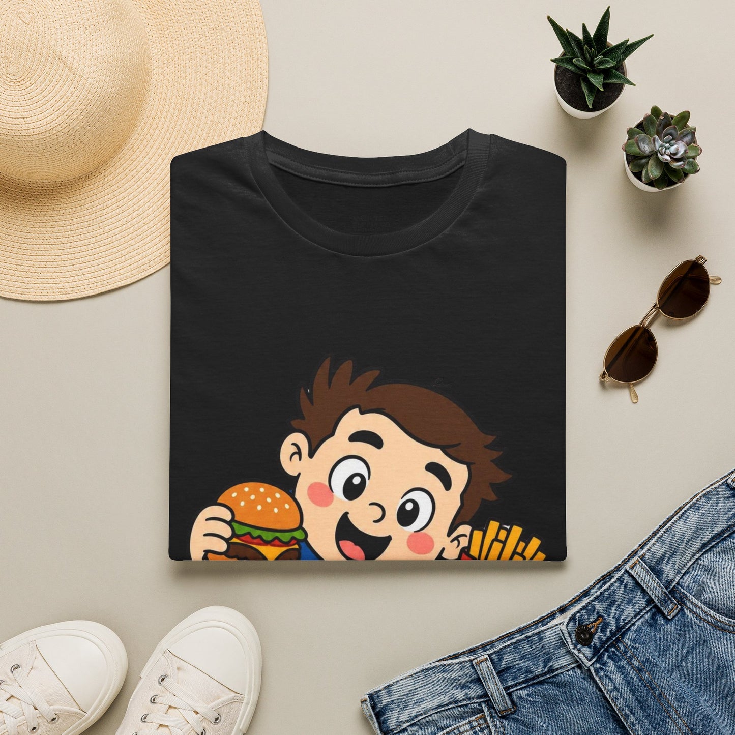 "I'm with the Sweet Tooth" Cute Kid Eating Burger & Fries Graphic Tee