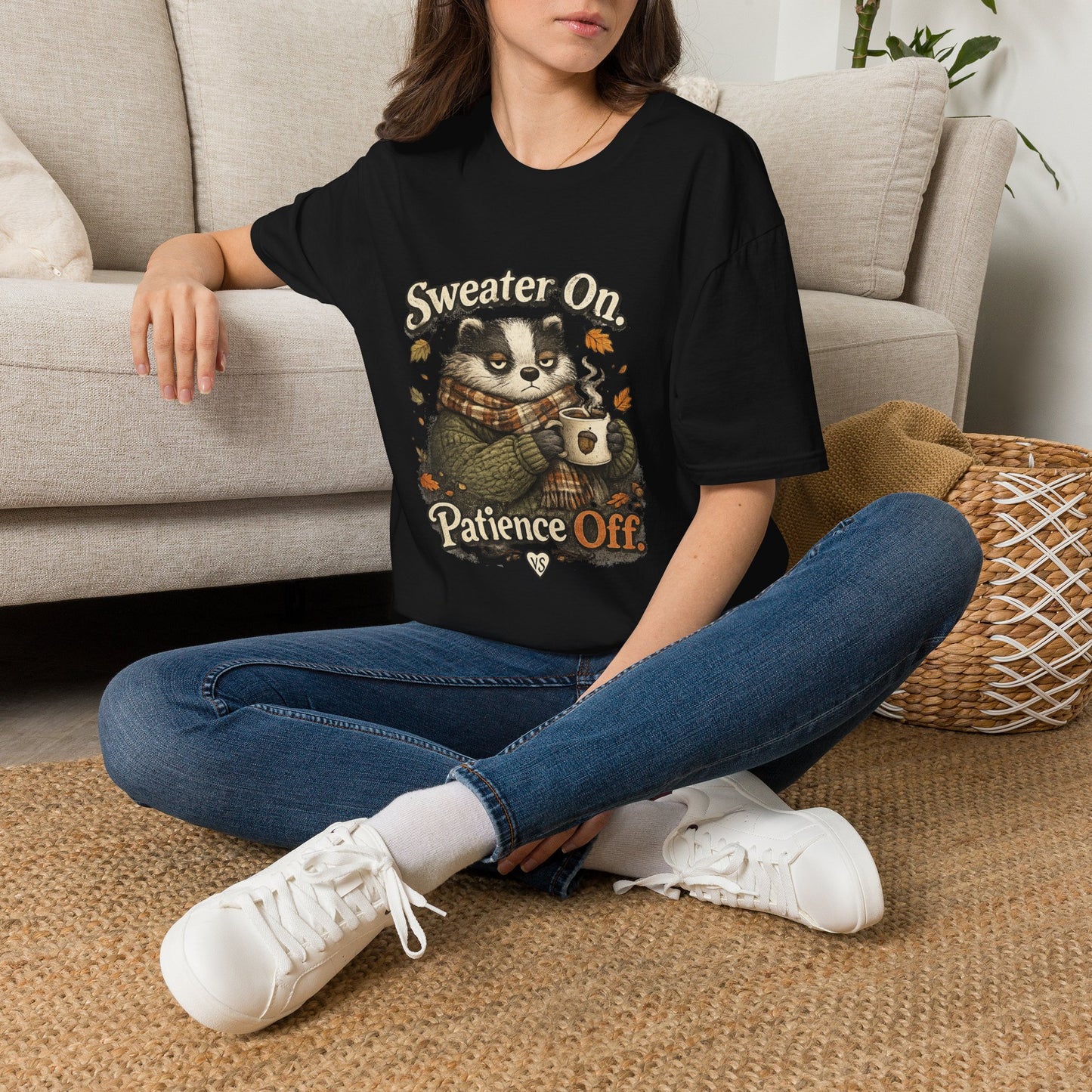Sweater On Patience Off T‑Shirt — Cozy Autumn Raccoon Graphic Tee