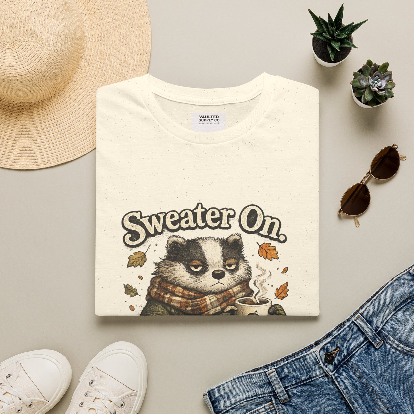 Sweater On Patience Off T‑Shirt — Cozy Autumn Raccoon Graphic Tee