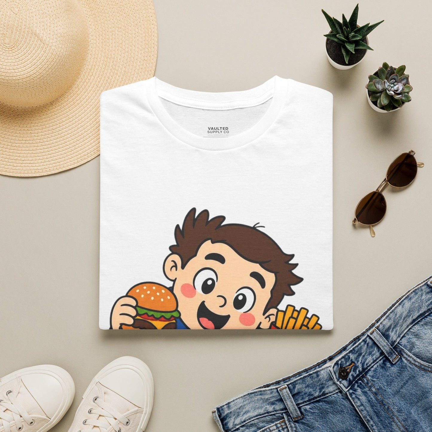 "I'm with the Sweet Tooth" Cute Kid Eating Burger & Fries Graphic Tee