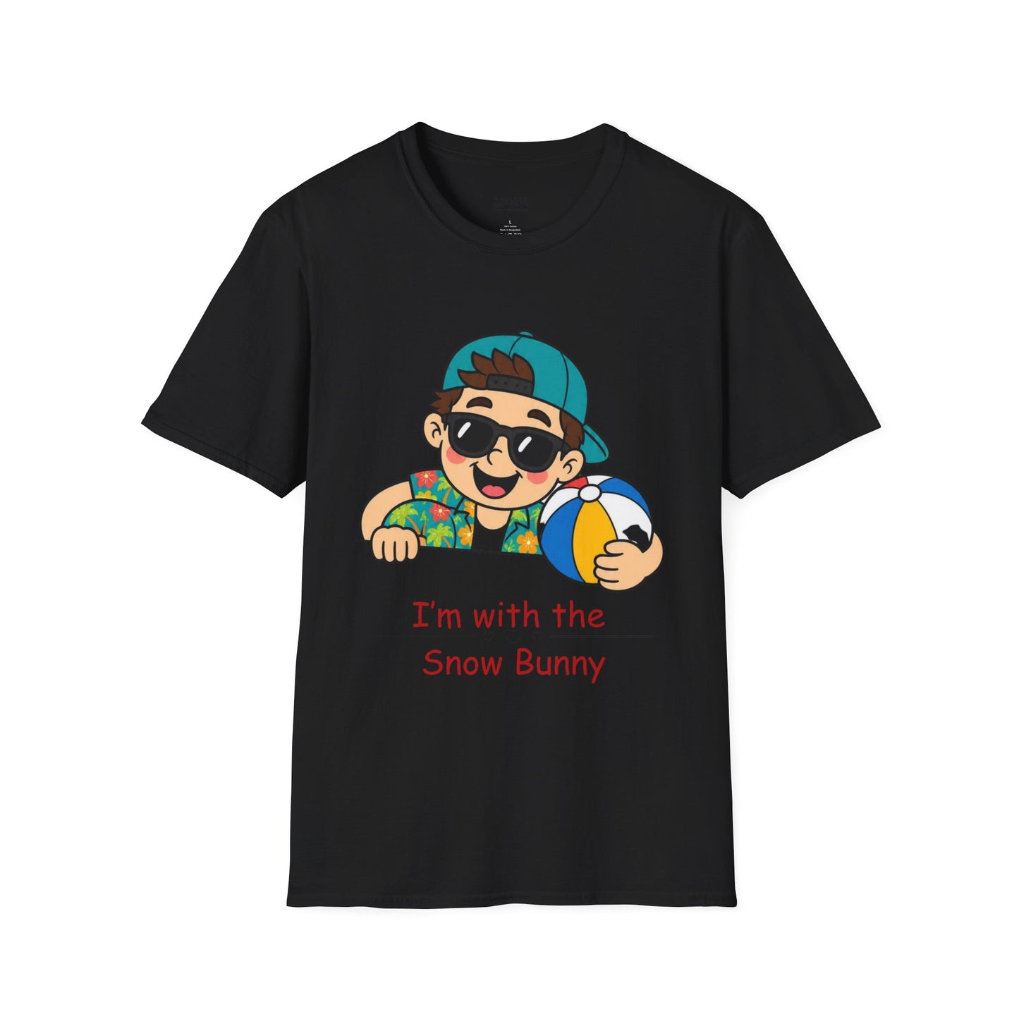 “I’m with the Snow Bunny” T-Shirt — Cartoon with Sunglasses & Beach Ball