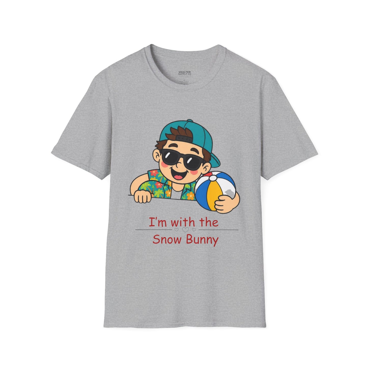 “I’m with the Snow Bunny” T-Shirt — Cartoon with Sunglasses & Beach Ball